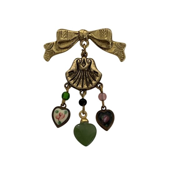Banana Bob Bow Dangle Drop Brass Brooch Floral Heart Green Gem Charms - Picture 1 of 3